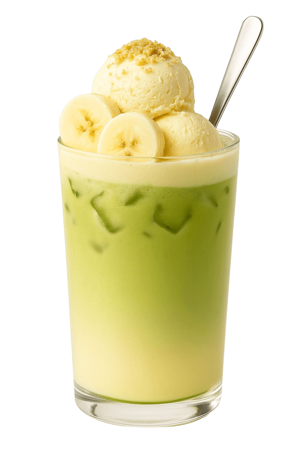 Matcha drink with ice cream and banana