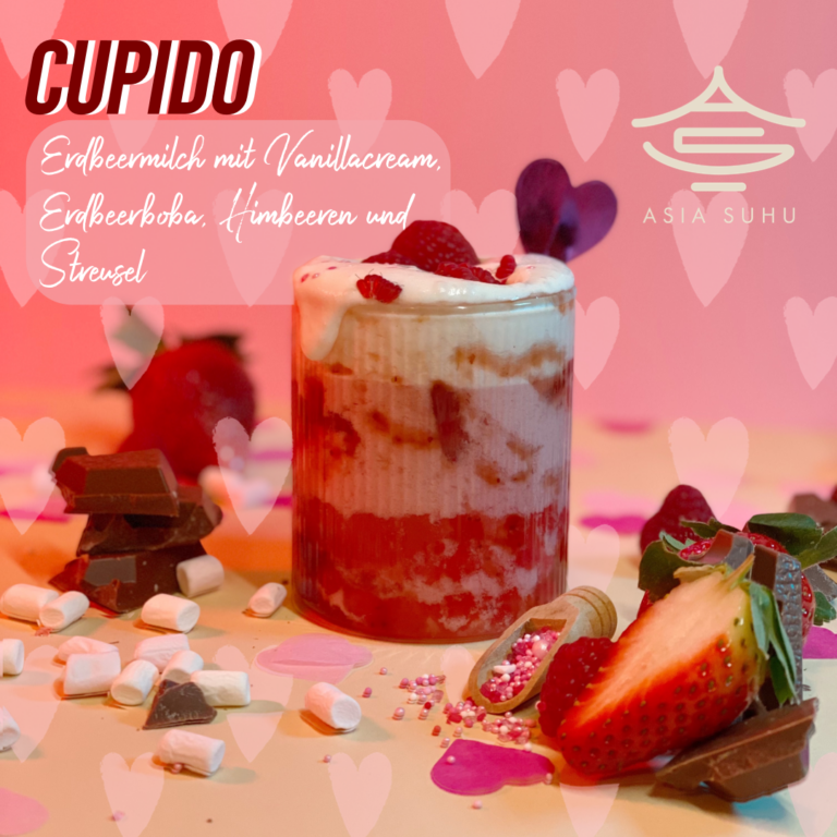 Cupido - Erdbeermilch mit Vanillacream, Erdbeerboba, Himbeeren und Streusel